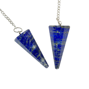 Example of two Lapis Pendulums - blue with gold and grey streaks - on a silver chain, on a white background