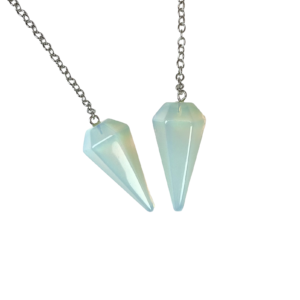 Example of two Opalite (Small) Pendulums - opalescent blue - on a silver chain, on a white background