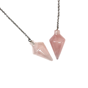 Example of two Rose Quartz Spindle Pendulums - pale pink stone - on a silver chain, on a white background