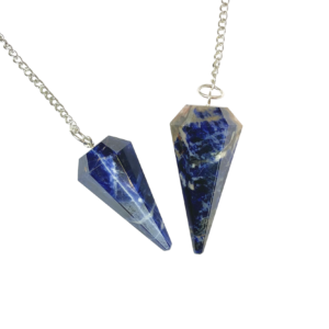 Example of two Sodalite Pendulums - blue with grey banding stone - on a silver chain, on a white background