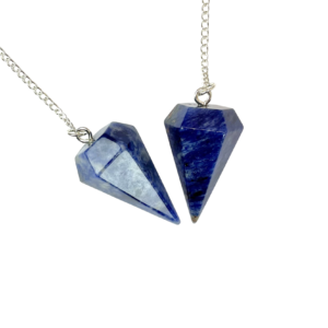 Example of two Sodalite A Grade Pendulums - blue with grey banding stone - on a silver chain, on a white background