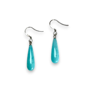 One pair of Amazonite Pear Drop Earrings - elongated teal teardrop stones with sterling silver hooks - on a white background