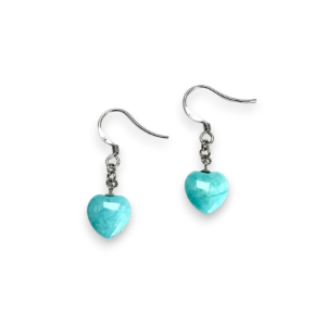 One pair of Amazonite Heart Drop Earrings - elongated teal heart shaped stones with sterling silver hooks - on a white background