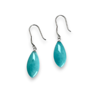 One pair of Amazonite Petal Drop Earrings - teal elongated petal stones with sterling silver hooks - on a white background