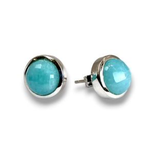 Pair of Amazonite Round Sterling Silver Earrings - Teal/blue circular stone set into a silver fixing - on a white background