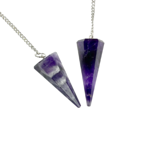 Example of two Amethyst Flat Top Pendulums - dark purple with some white banding - on a silver chain, on a white background