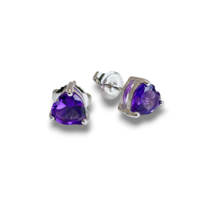 Pair of Amethyst Heart Sterling Silver Earrings - transparent, faceted purple heart shaped stone set into a silver fixing - on a white background