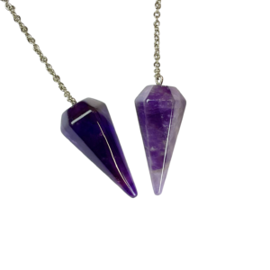 Example of two Amethyst (Dark) Hex Pendulums - dark purple with some white banding - on a silver chain, on a white background