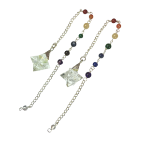 Example of two Chakra Merkaba Star Pendulums - quartz star with beads of blue, green, yellow, pink, orange and red on a chain - on a silver chain, on a white background