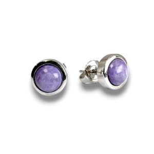 Pair of Charoite Round Sterling Silver Earrings - pale purple circular stone set into a silver fixing - on a white background