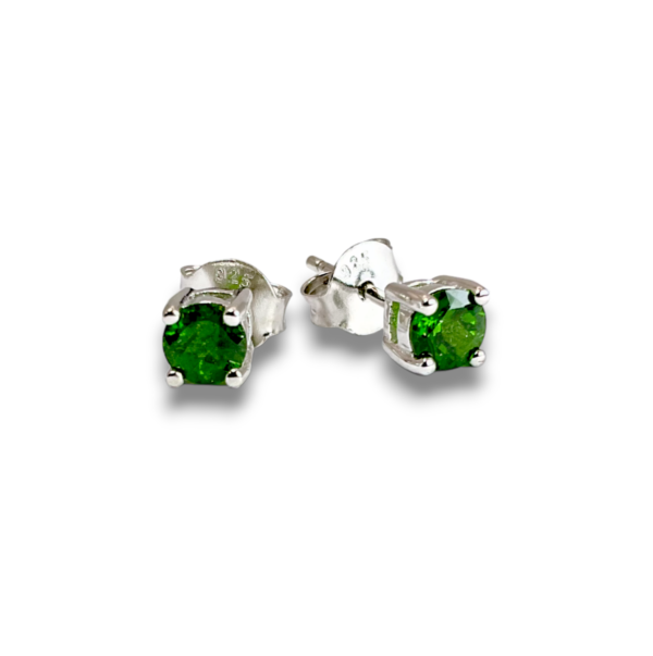 Pair of Chrome Diopside Stud Sterling Silver Earrings - transparent, faceted green stone set into a silver fixing - on a white background