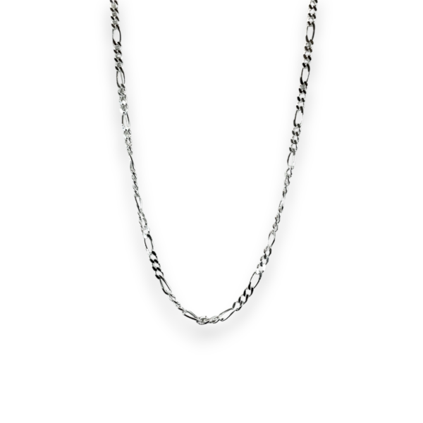 One hanging Figaro Silver Chain - large silver links conneted with smaller silver links - on a white background