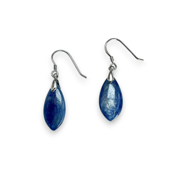 One pair of Kyanite Petal Drop Earrings - flat blue petal stones with sterling silver hooks - on a white background