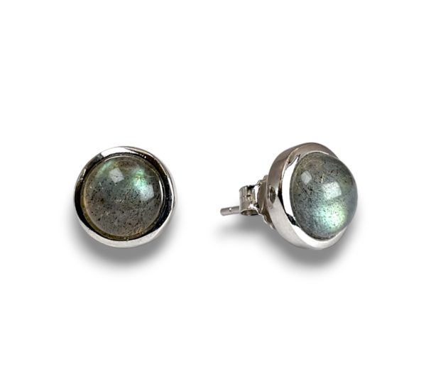 Pair of Labradorite Round Sterling Silver Earrings - grey with blue flash circular stone set into a silver fixing - on a white background