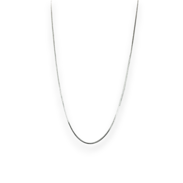 One hanging Box (Light) Silver Chain - delicate square shaped links - on a white background
