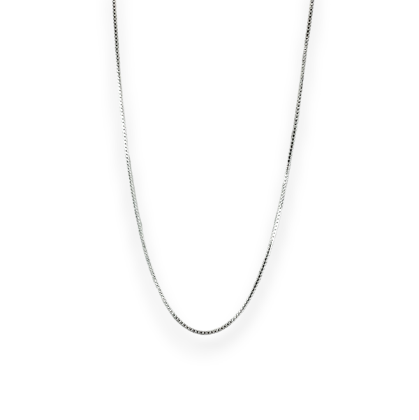 One hanging Box (Medium) Silver Chain - delicate square shaped links - on a white background