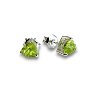 Pair of Peridot Heart Sterling Silver Earrings - transparent, faceted green heart shaped stone set into a silver fixing - on a white background