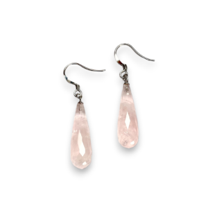 One pair of Rose Quartz Pear Drop Earrings - elongated pink teardrop stones with sterling silver hooks - on a white background