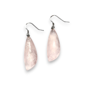 One pair of Rose Quartz Facet Petal Earrings - elongated pink petal shaped stones with sterling silver hooks - on a white background