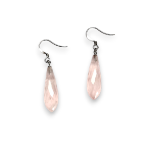 One pair of Rose Quartz Bowling Pin Earrings - pink bowling pin shaped stones with sterling silver hooks - on a white background