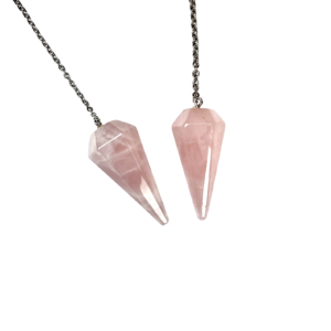 Example of two Rose Quartz Flat Top Pendulums - pale pink stone - on a silver chain, on a white background