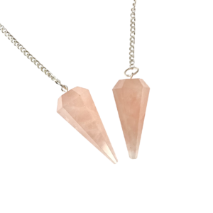 Example of two Rose Quartz (6 sided) Pendulum - pale pink stone - on a silver chain, on a white background