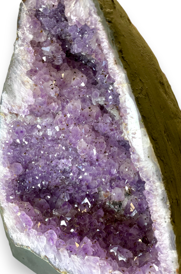 Amethyst Cave (L) close up - half of a giant geode with purple points - on a white background