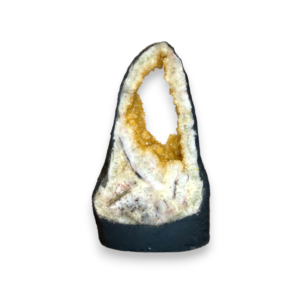 One slab of Citrine Portal (15) - circle of quartz and orange points in a grey surround - on a white background