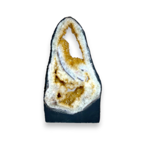 One slab of Citrine Portal (18) - circle of quartz and orange points in a grey surround - on a white background