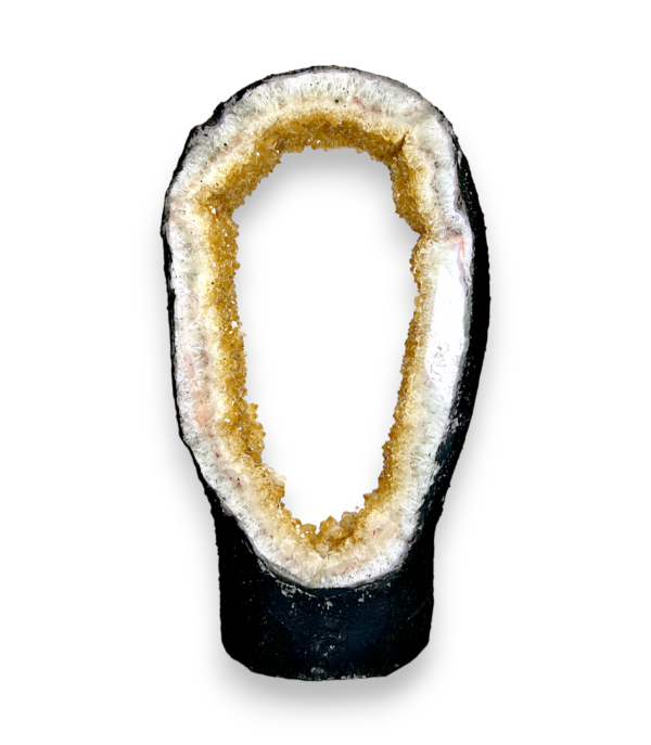 One slab of Citrine Portal (9) - circle of quartz and orange points in a grey surround - on a white background