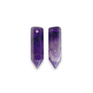 Two Amethyst Point Side-Drilled side by side - purple stone with some white banding - on a white background