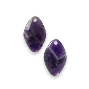 Two Amethyst Kite Drilled side by side - purple stone in a large, flat diamond shape - on a white background