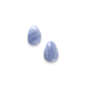 Two Blue Lace Drop Side-Drilled side by side - pale blue and white banded stone - on a white background