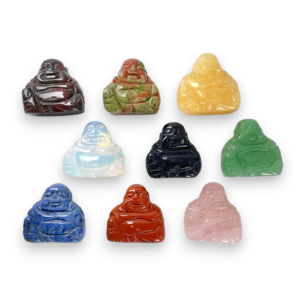 Selection of Assorted Buddha Side-Drilled in a diamond - stones of green, yellow, pale blue, pink, dark blue, red, and terracotta/green - on a white background