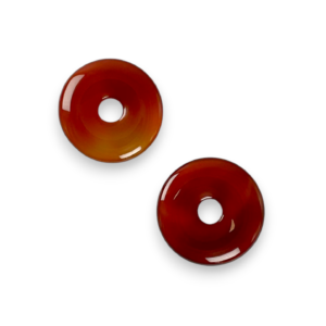 Two Carnelian 30mm Donut pendants - red and orange stone - on a white background