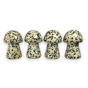 Four Dalmatian Jasper Mushrooms in a row - beige stone with small black specs - on a white background
