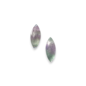 Two Fluorite Marquis Side-Drilled side by side - elongated ellipsis stones with blue, purple, clear and green banding - on a white background