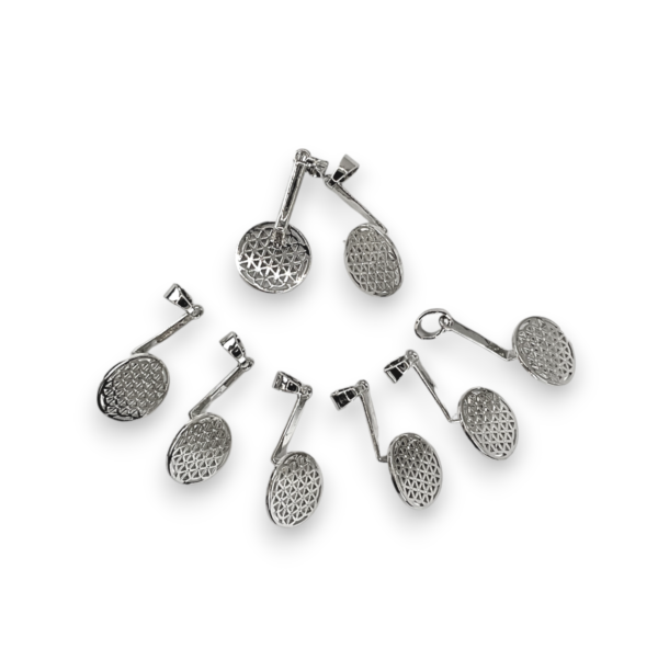 Five Donut Holder - Silver Plated pendant holders - silver geometric flower of life design on an arm - on a white background