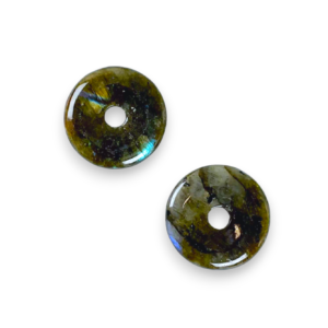 Two Labradorite 30mm Donut pendants - green/grey stone with some blue and gold flashes - on a white background