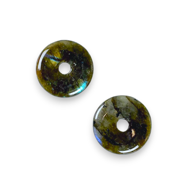 Two Labradorite 30mm Donut pendants - green/grey stone with some blue and gold flashes - on a white background