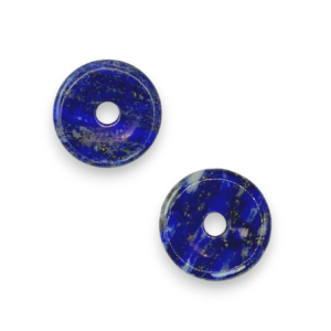 Two Lapis Donut pendants - blue stone with white marbling and gold banding - on a white background