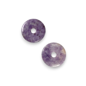 Two Lepidolite 40mm Donut pendants - pale purple stone - on a white background