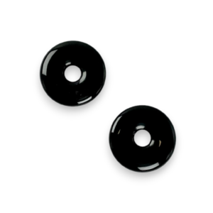 Two Obsidian Donut pendants -black stone - on a white background