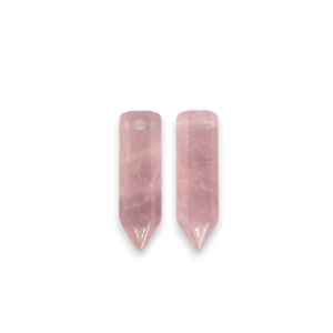 Two Rose Quartz Point Side-Drilled side by side - pale pink stone - on a white background