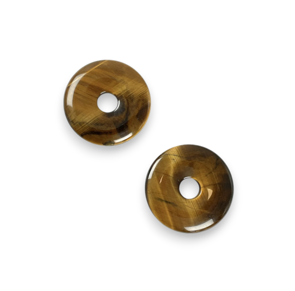 Two Tigers Eye (A) 40mm Donut pendants - stone with gold and brown banding - on a white background