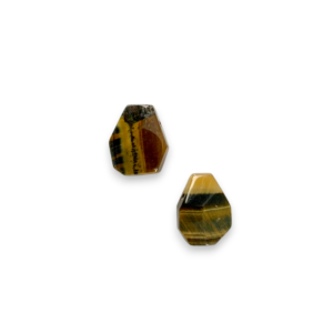 Two Tiger Eye (Multi) Faceted Drop Side-Drilled side by side - rectangles of gold, brown, black, blue - on a white background