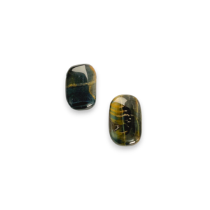 Two Tiger Eye (Multi) Drop Side-Drilled side by side - rectangles of gold, brown, black, blue - on a white background