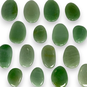 Group of Aventurine Pocket Stones - flat pale green stones - on a white background