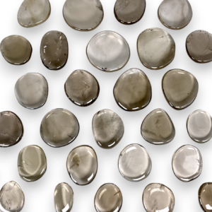Group of Smoky Quartz Pocket Stones - dark clear stone with some inclusions - on a white background