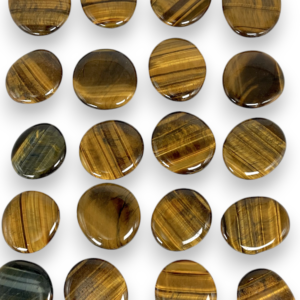 Group of Tiger Eye A Grade Pocket Stones - gold, brown and black banded circular stones - on a white background